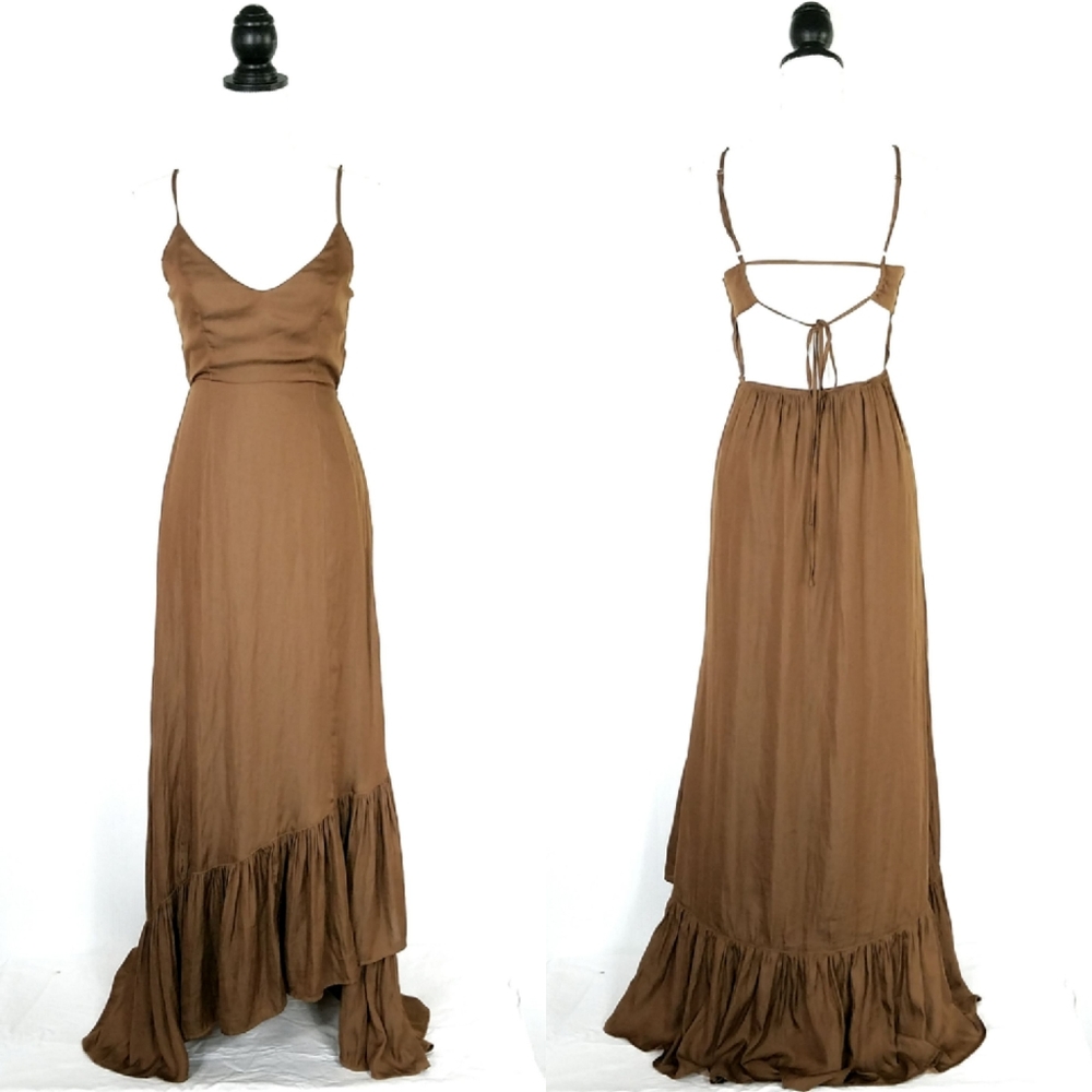 Copper Maxi Slip Dress with Ruffled Hem